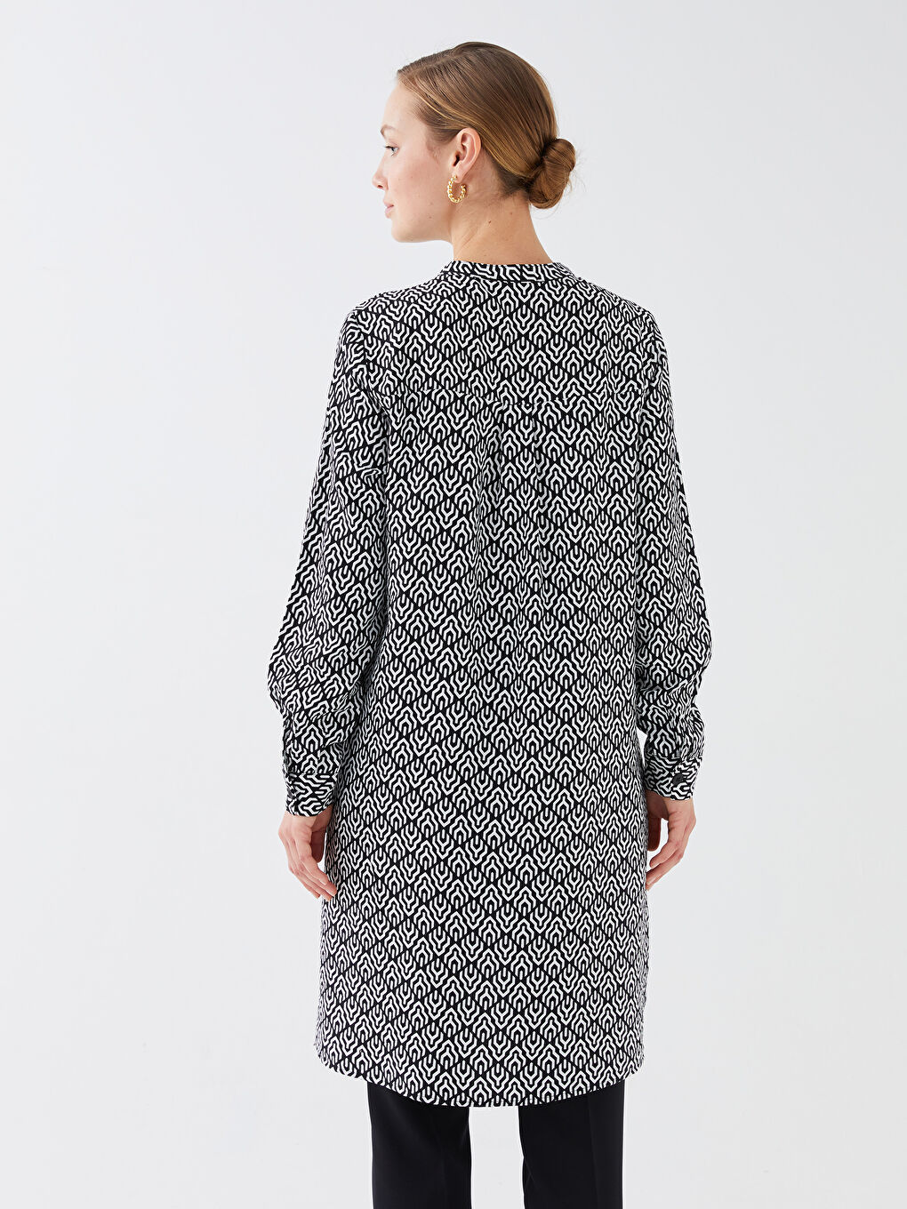 Grandad Collar Patterned Long Sleeve Women's Tunic-4