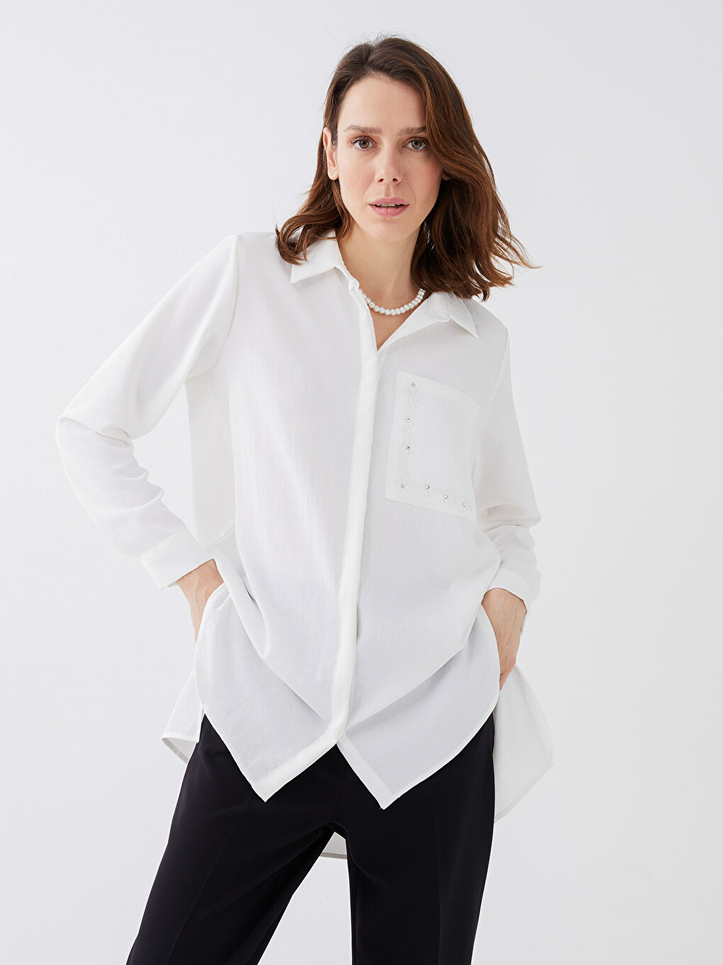 Ekru Taş Detaylı Uzun Kollu Kadın Gömlek Tunik