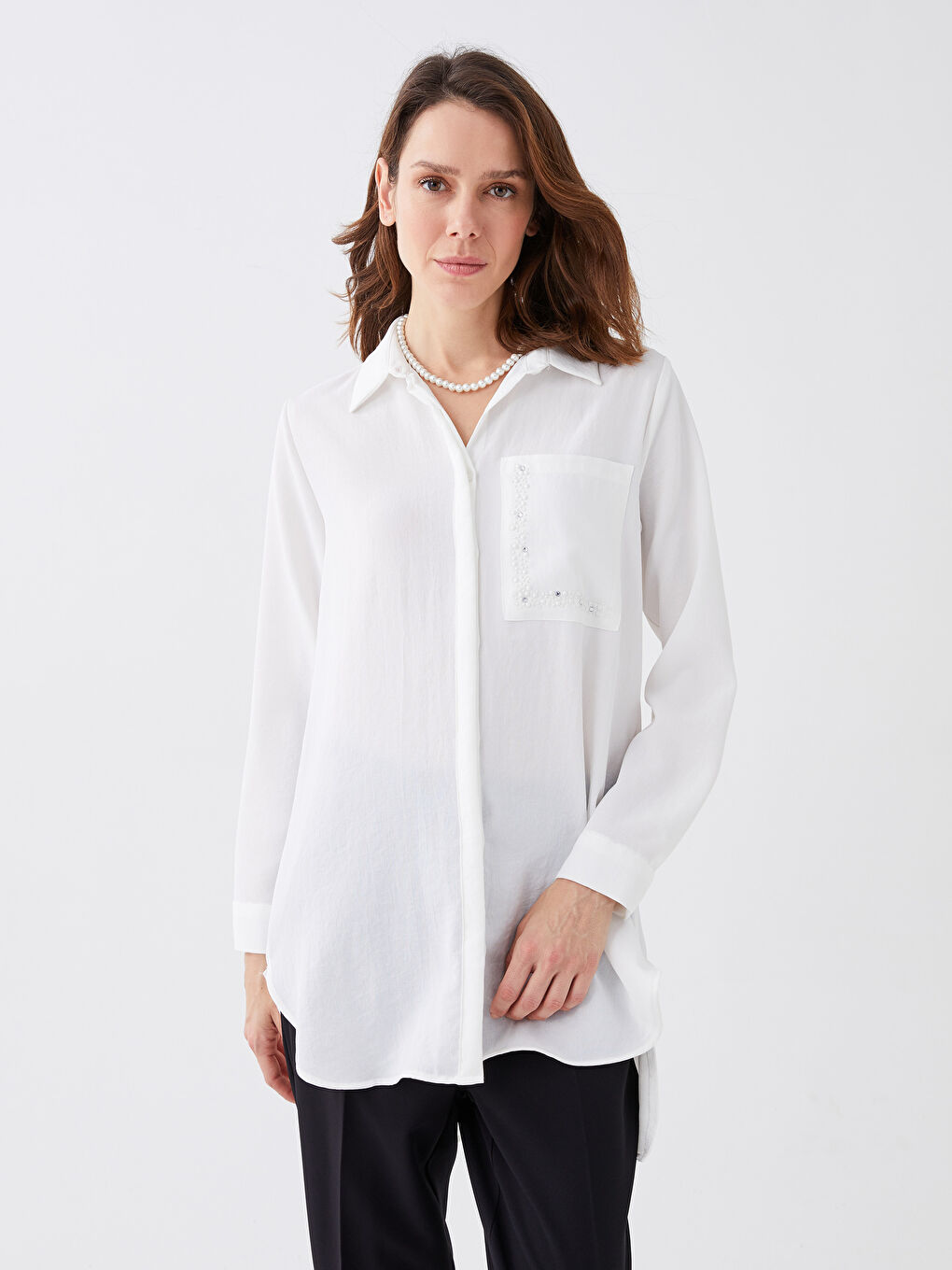 Ekru Taş Detaylı Uzun Kollu Kadın Gömlek Tunik-1