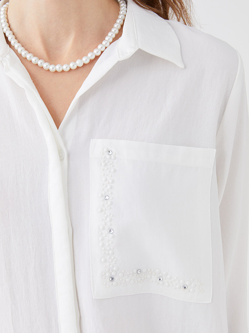 Ekru Taş Detaylı Uzun Kollu Kadın Gömlek Tunik-3