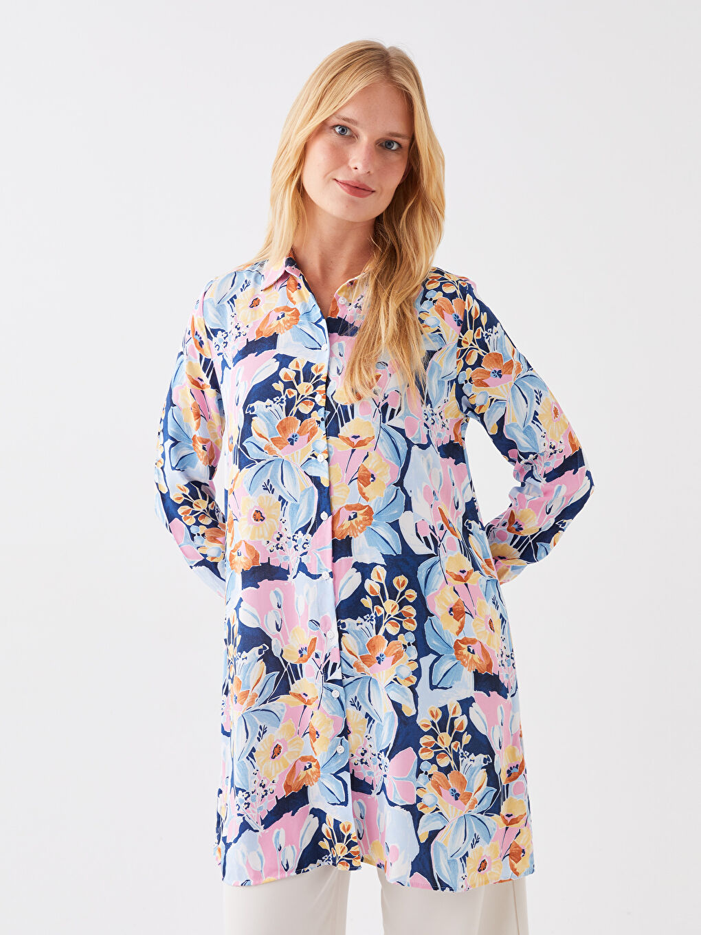 Mavi Desenli Kadın Gömlek Tunik