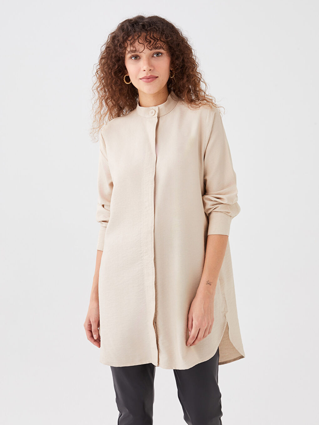 Großvaterkragen Schlichte Langarm Tunika für Damen