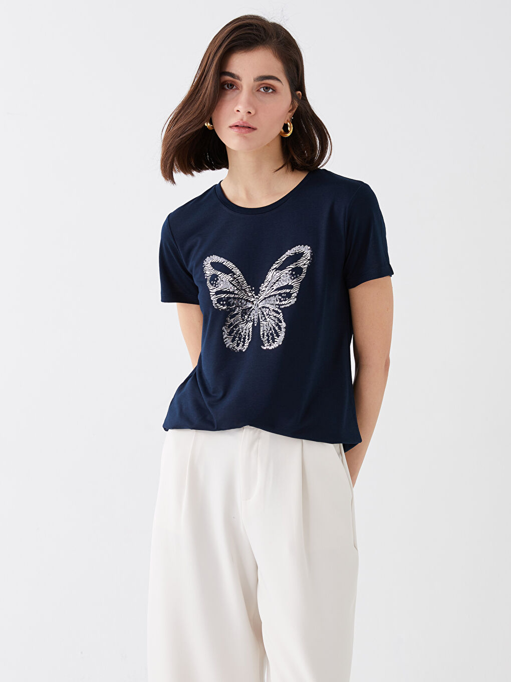 Футболка с круглым вырезом, пайетками и коротким рукавом для женщин-1