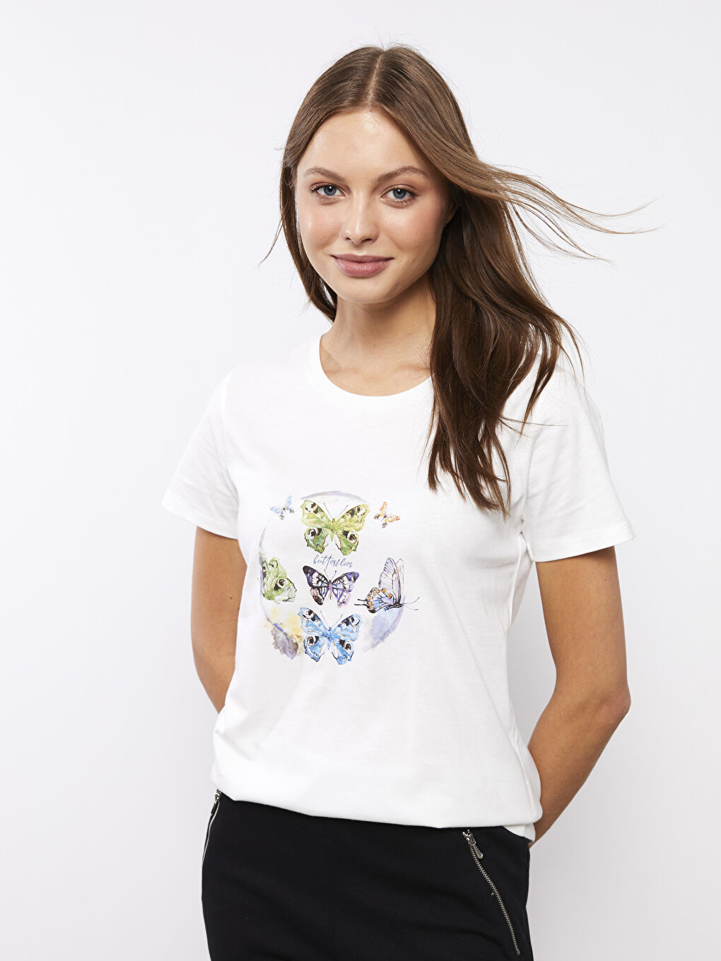 Ekru Bisiklet Yaka Baskılı Kısa Kollu Pamuklu Kadın Tişört-1