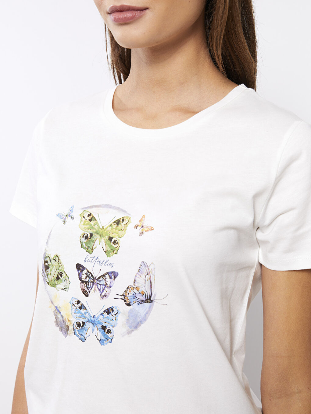 Ekru Bisiklet Yaka Baskılı Kısa Kollu Pamuklu Kadın Tişört-3