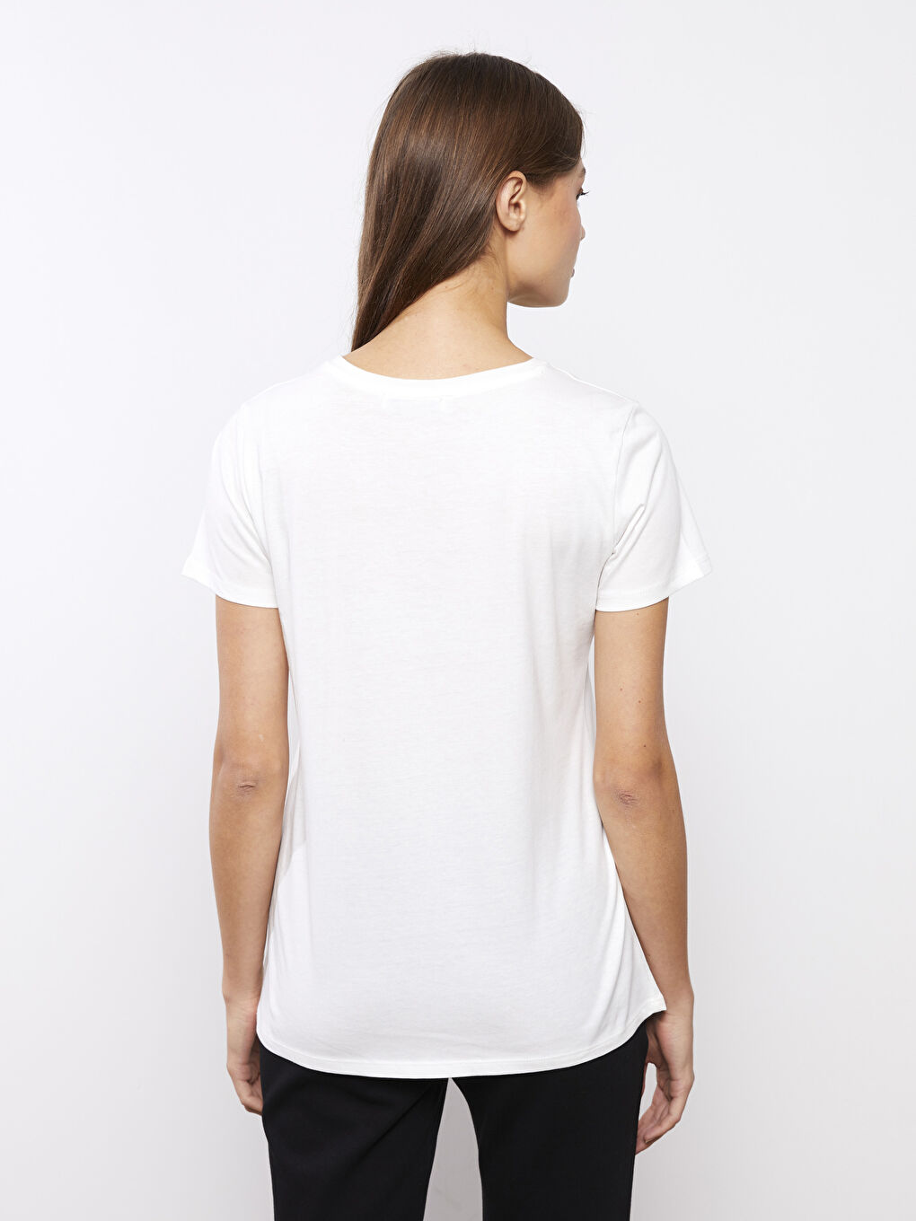 Ekru Bisiklet Yaka Baskılı Kısa Kollu Pamuklu Kadın Tişört-4