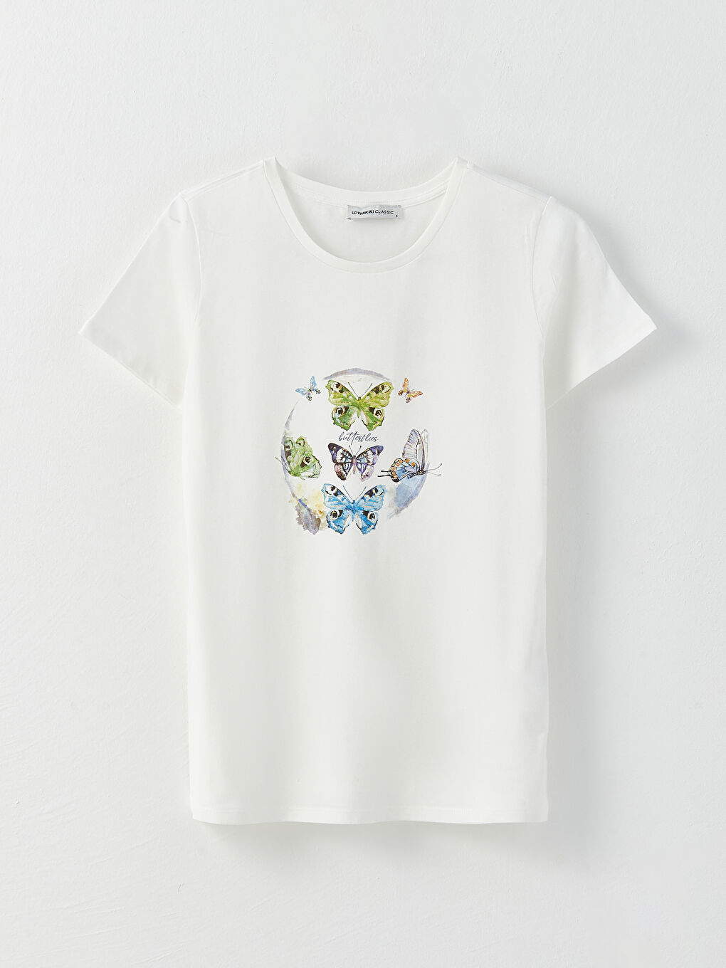 Ekru Bisiklet Yaka Baskılı Kısa Kollu Pamuklu Kadın Tişört-5