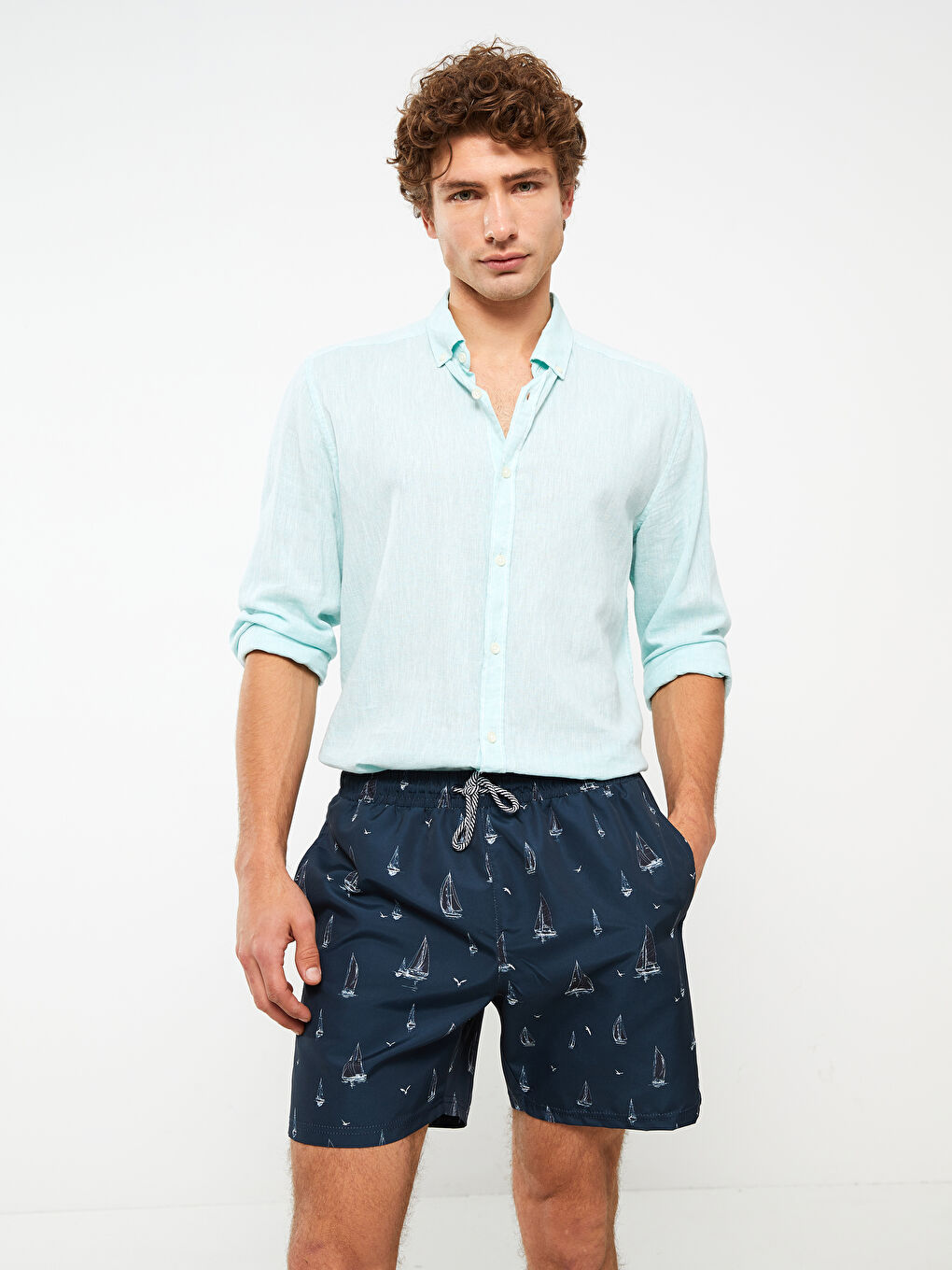 Lacivert Kısa Boy Desenli Erkek Deniz Şortu-1