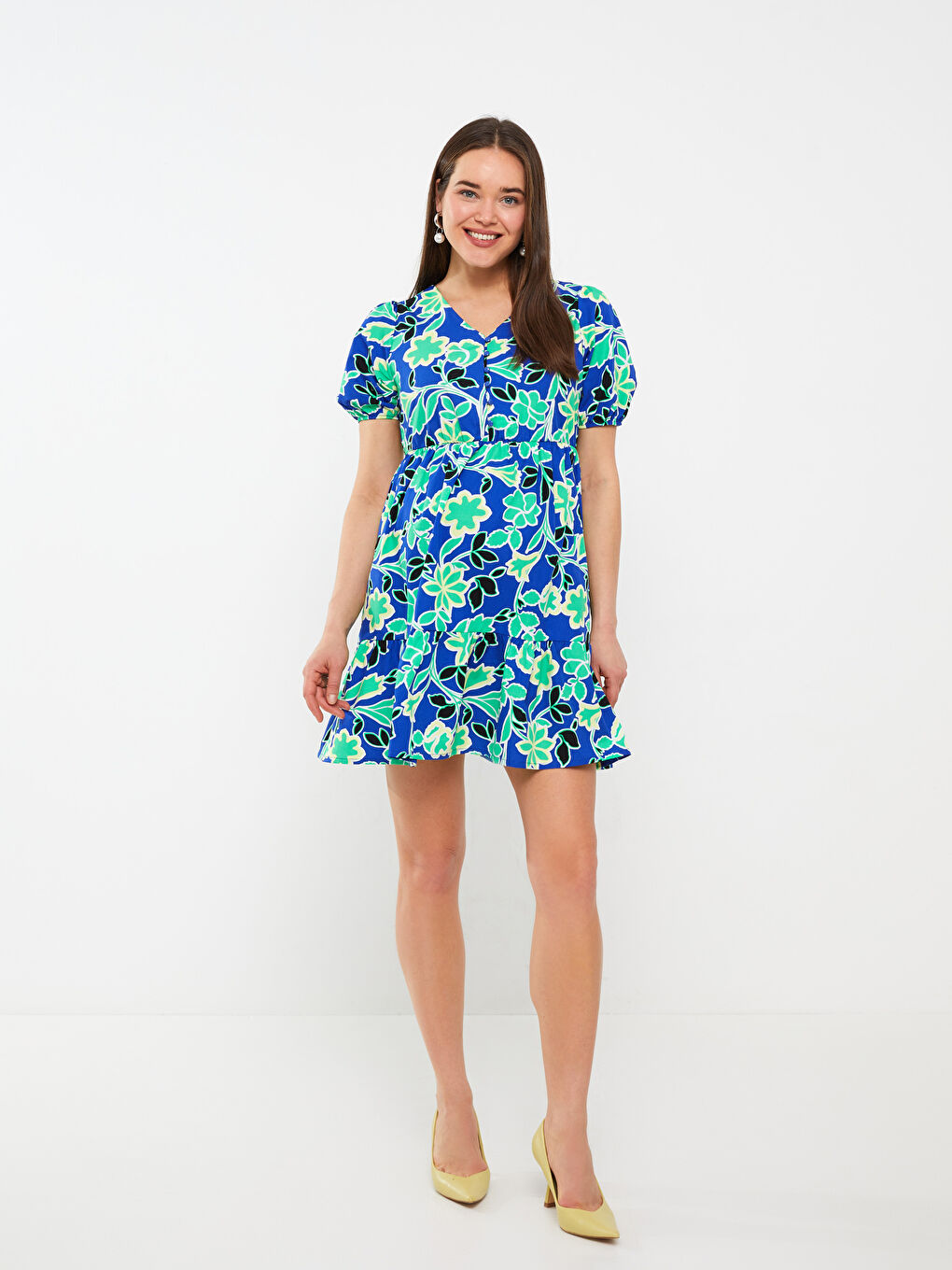 Haljina za trudnice sa V izrezom, uzorkom i kratkim rukavima-5