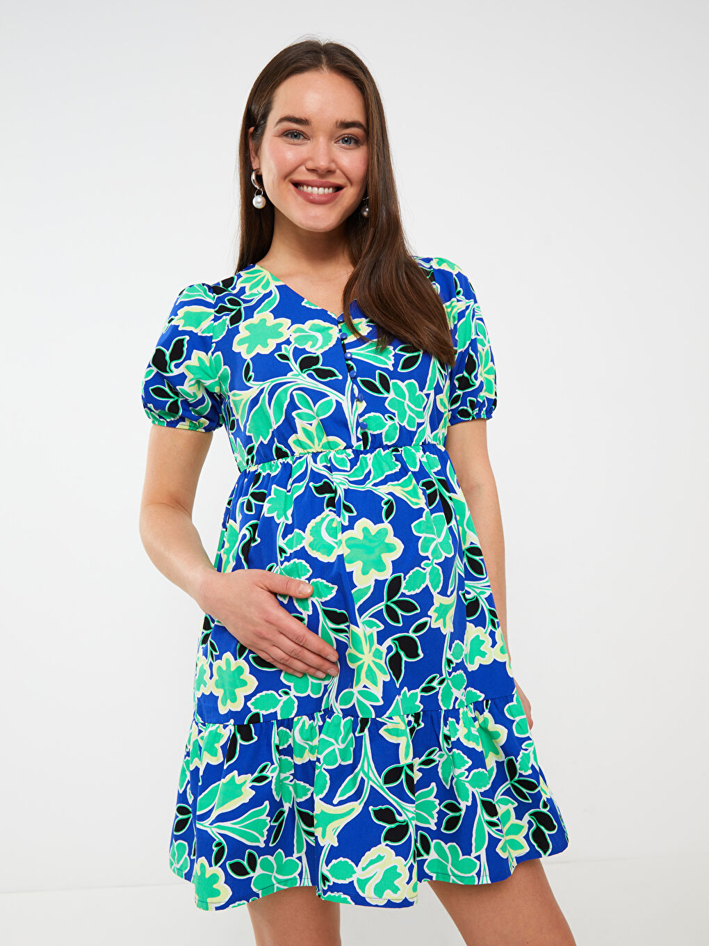 Haljina za trudnice sa V izrezom, uzorkom i kratkim rukavima-6