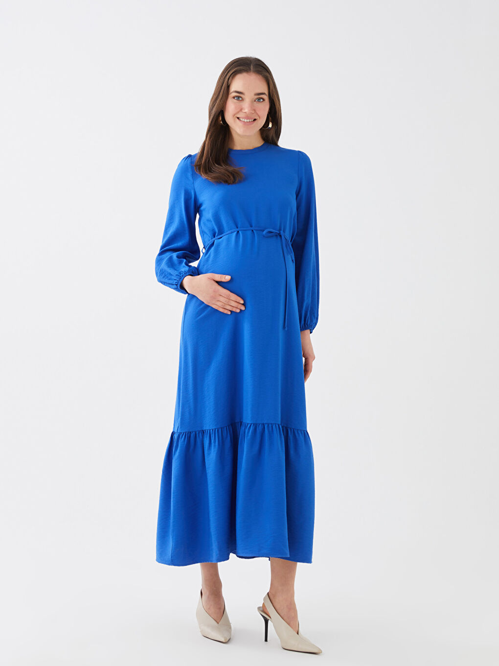 Crew Neck Plain Long Sleeve Maternity Dress-1