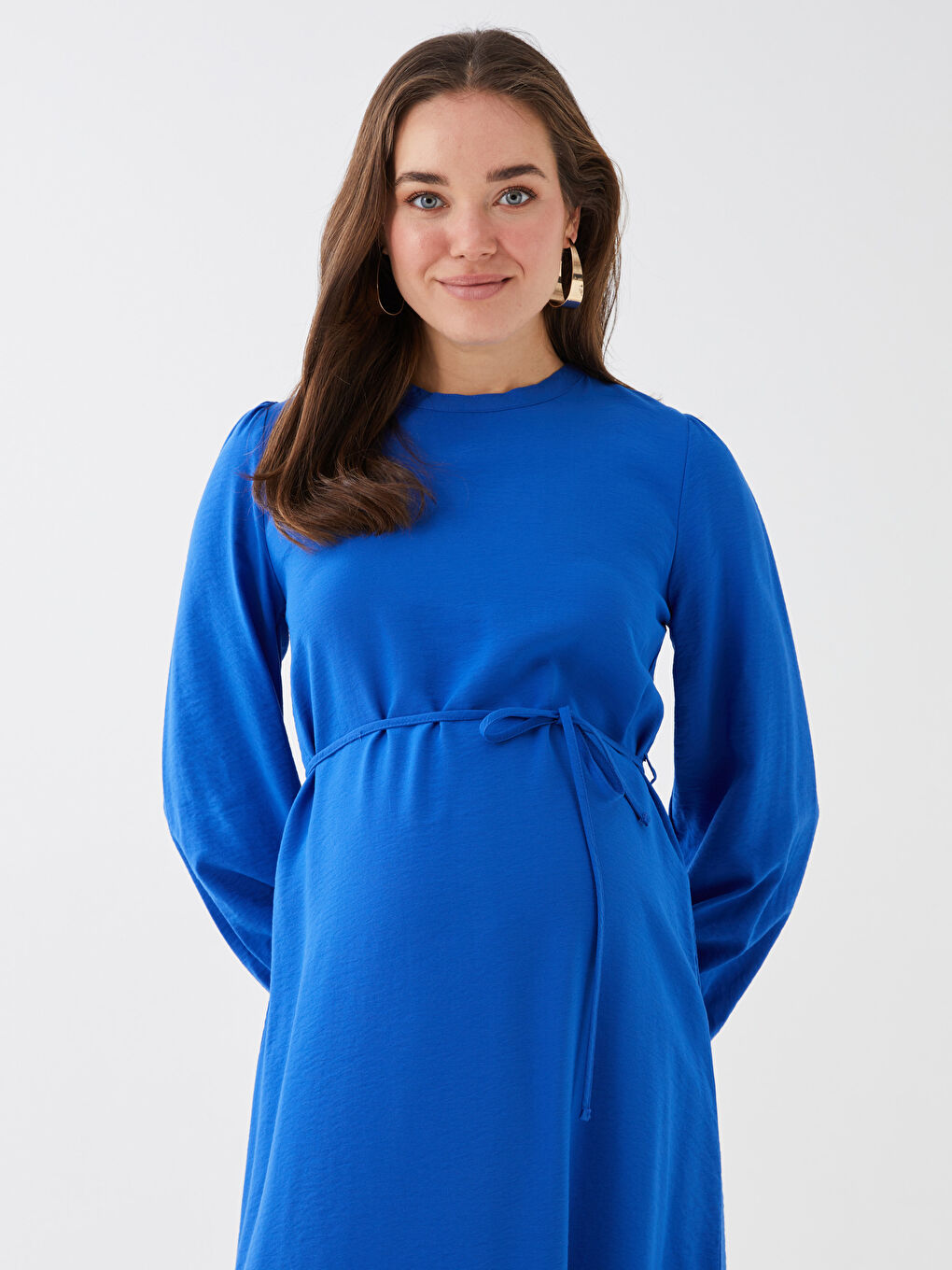 Crew Neck Plain Long Sleeve Maternity Dress-2