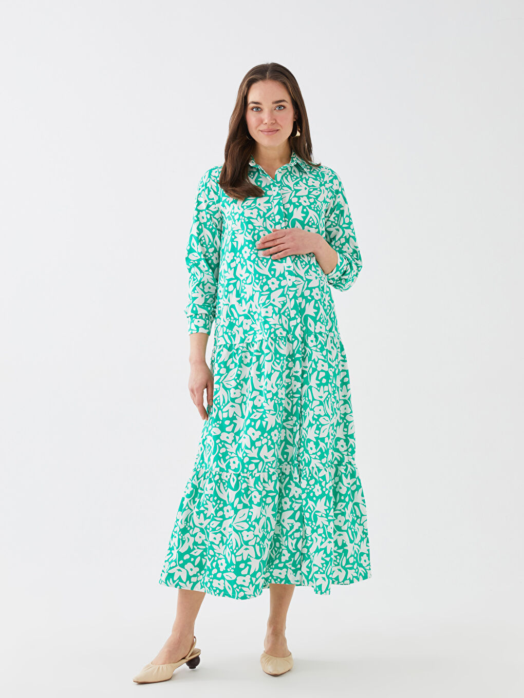 Shirt Collar Patterned Long Sleeve A-Line Poplin Maternity Dress -S38510Z8-LRR