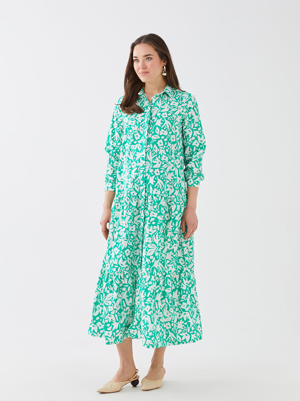 Shirt Collar Patterned Long Sleeve A-Line Poplin Maternity Dress -S38510Z8-LRR