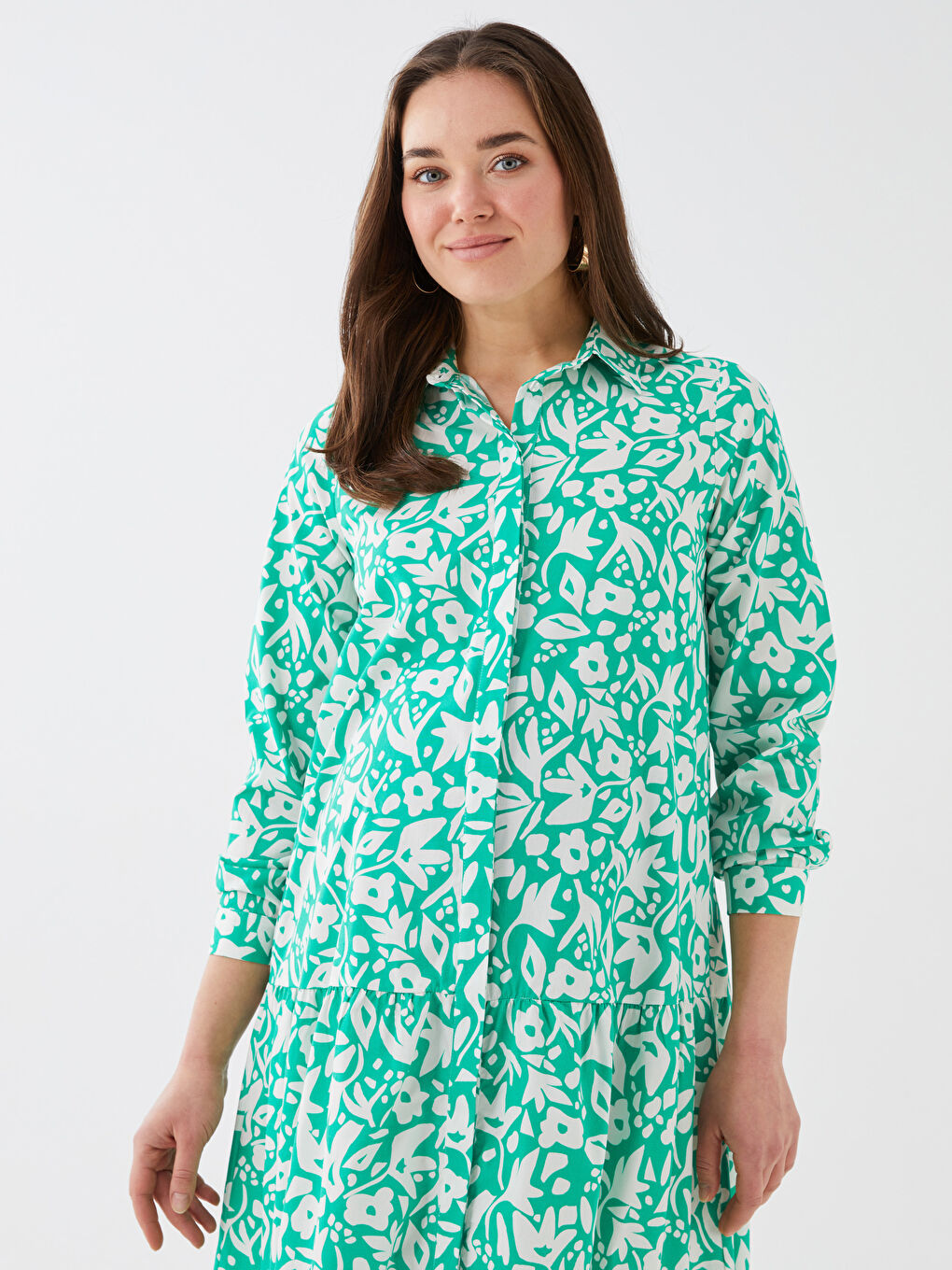Shirt Collar Patterned Long Sleeve A-Line Poplin Maternity Dress -S38510Z8-LRR