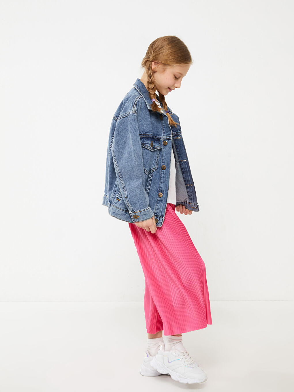 Pembe Beli Lastikli Basic Pileli Kız Çocuk Eşofman Altı