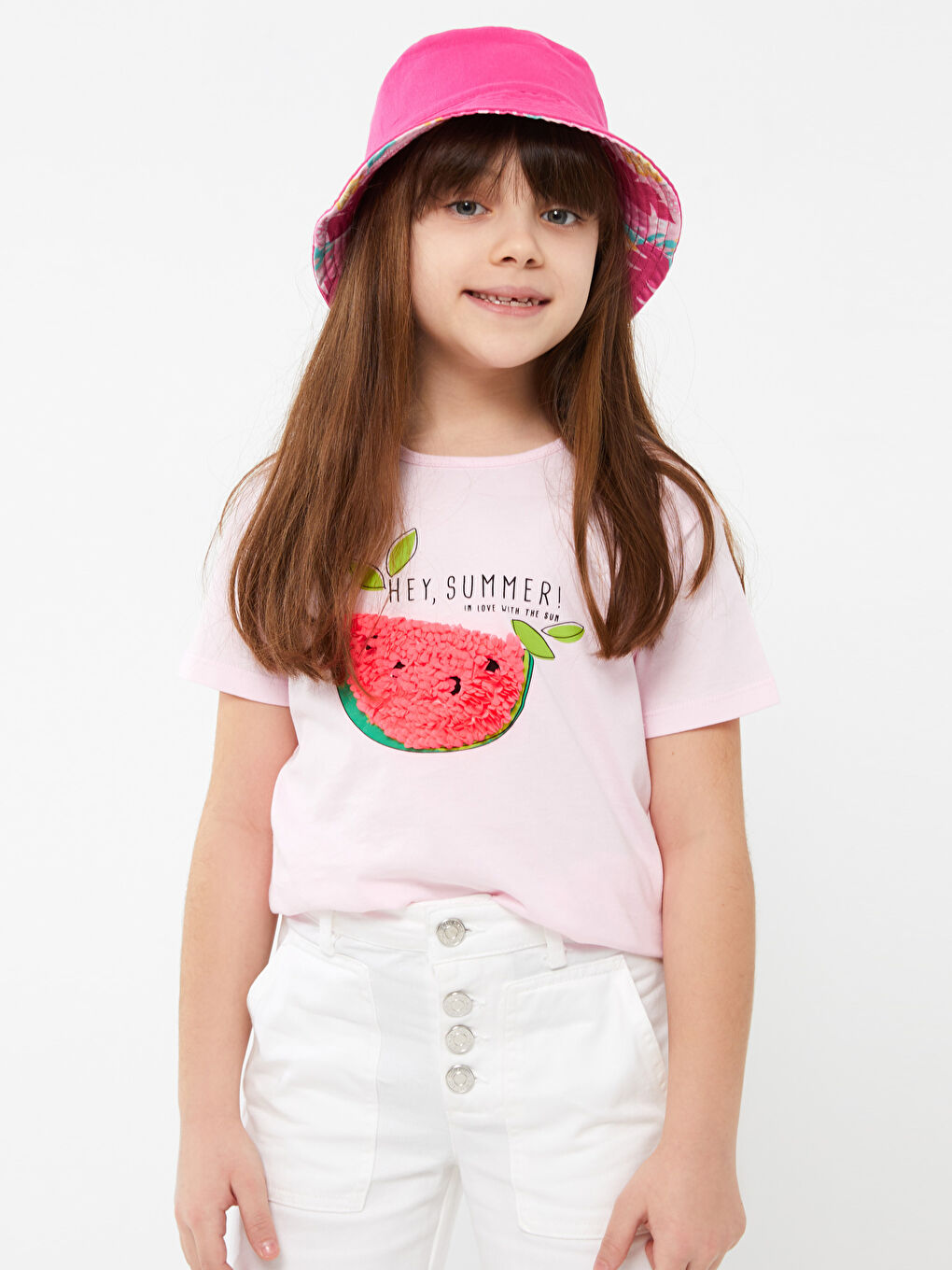 қыздарға арналған дөңгелек жағалы принтті қысқа жең футболка-1