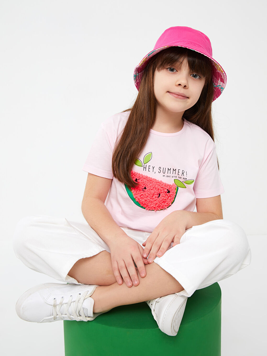 қыздарға арналған дөңгелек жағалы принтті қысқа жең футболка-3