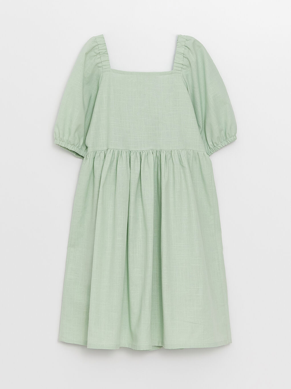 Yeşil Kare Yaka Basic Kısa Kollu Kız Çocuk Elbise-1