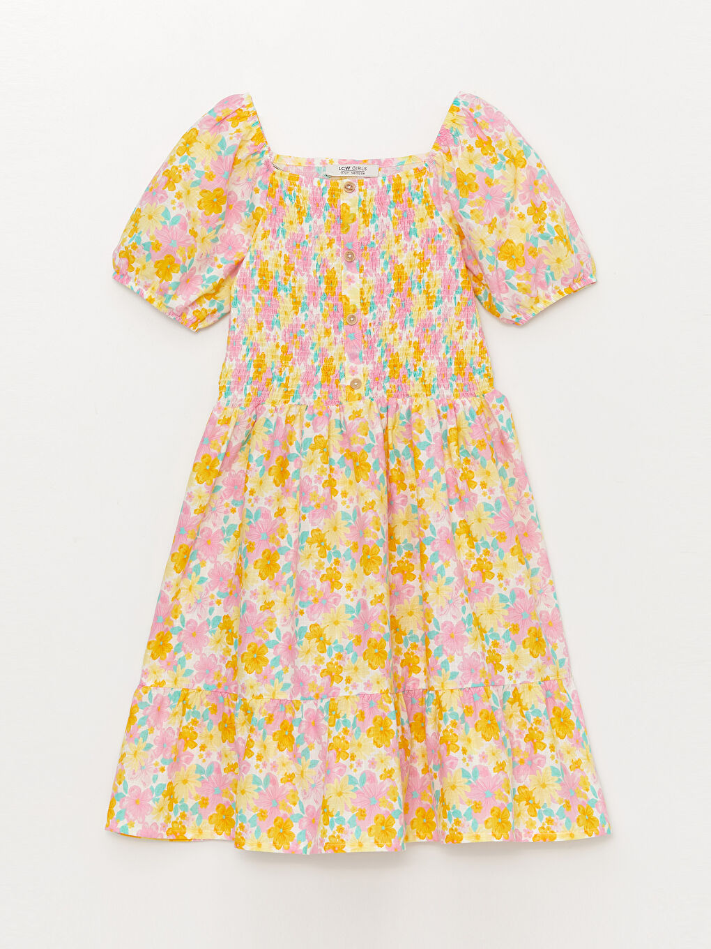 Karışık Kare Yaka Desenli Kısa Kollu Kız Çocuk Elbise