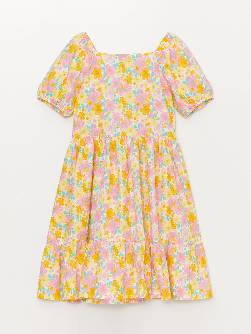 Karışık Kare Yaka Desenli Kısa Kollu Kız Çocuk Elbise-1