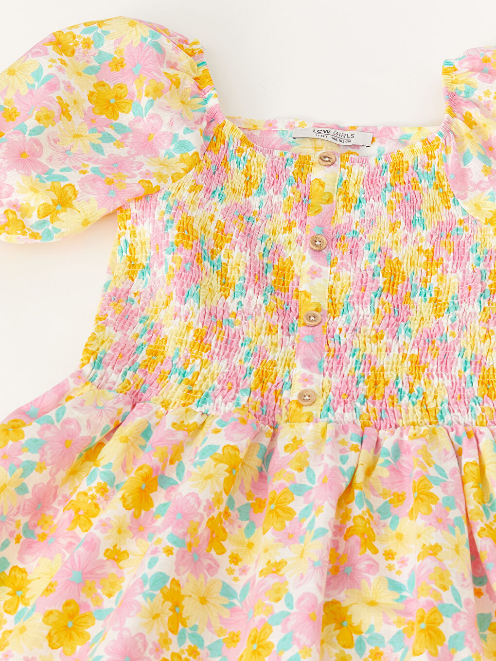 Karışık Kare Yaka Desenli Kısa Kollu Kız Çocuk Elbise-2