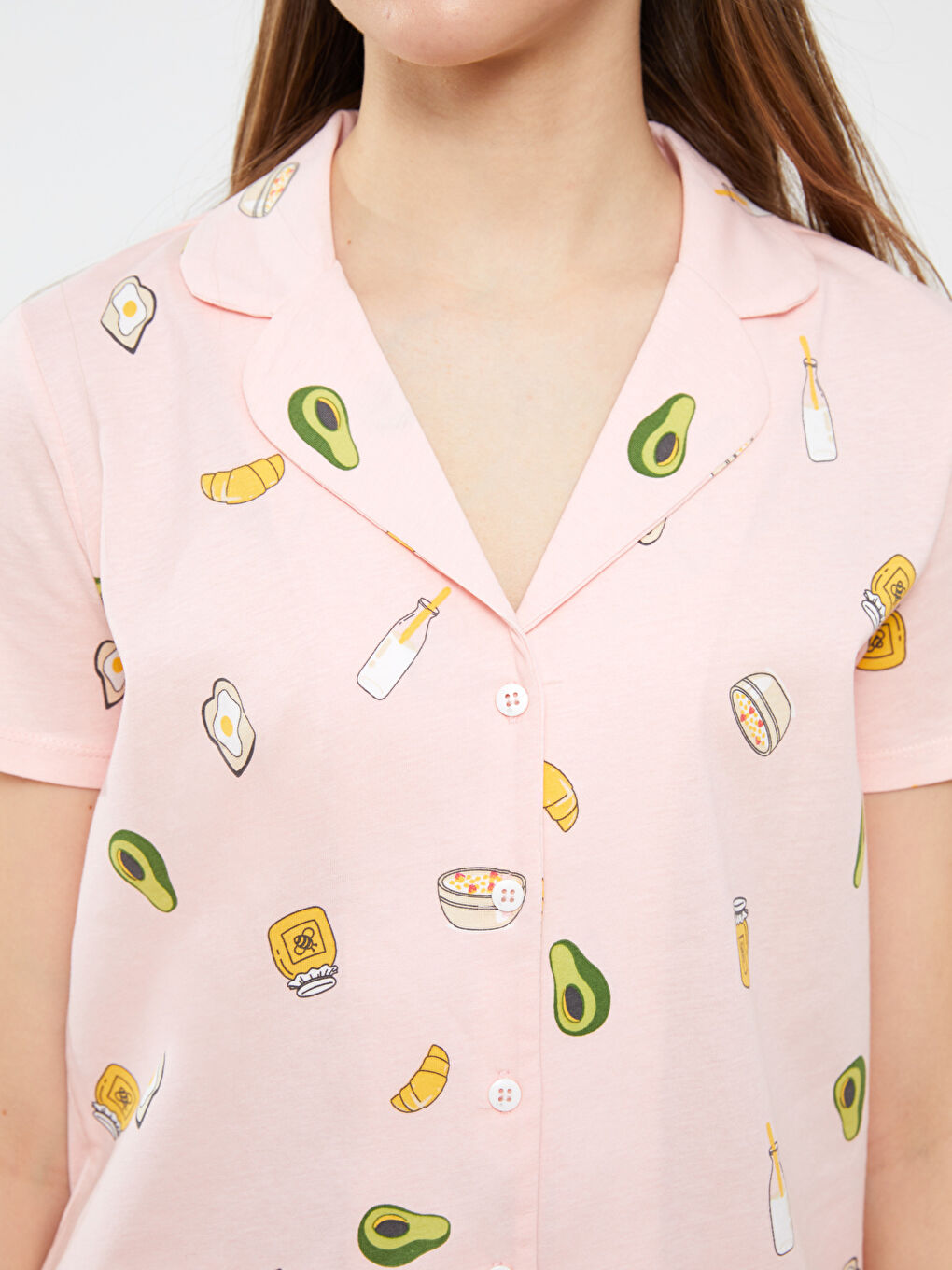 Pembe Gömlek Yaka Baskılı Kısa Kollu Kadın Şortlu Pijama Takımı-2