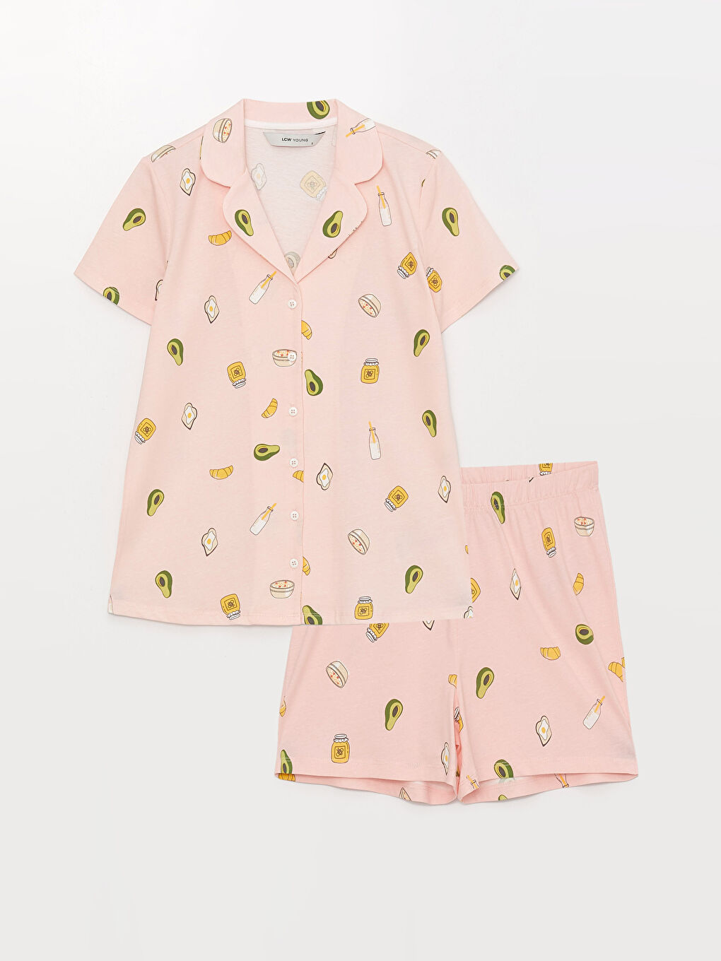 Pembe Gömlek Yaka Baskılı Kısa Kollu Kadın Şortlu Pijama Takımı-4
