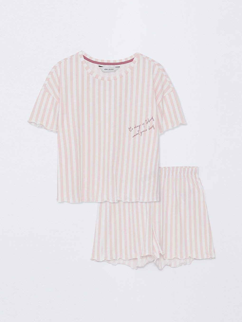 Pembe Bisiklet Yaka Çizgili Kısa Kollu Kadın Şortlu Pijama Takımı-4