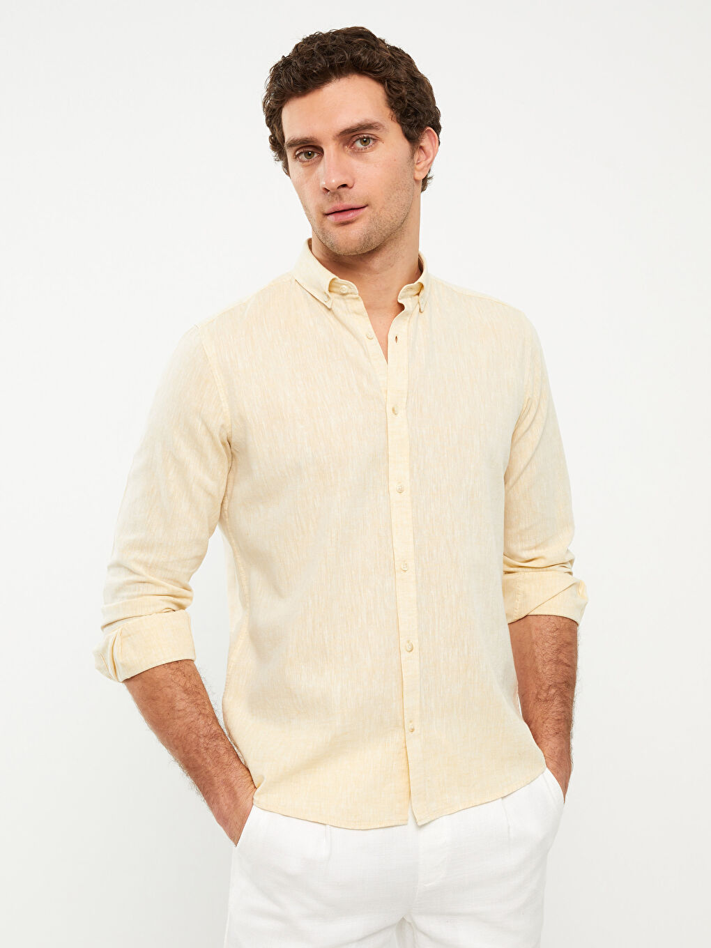 Sarı Slim Fit Uzun Kollu Keten Karışımlı Erkek Gömlek