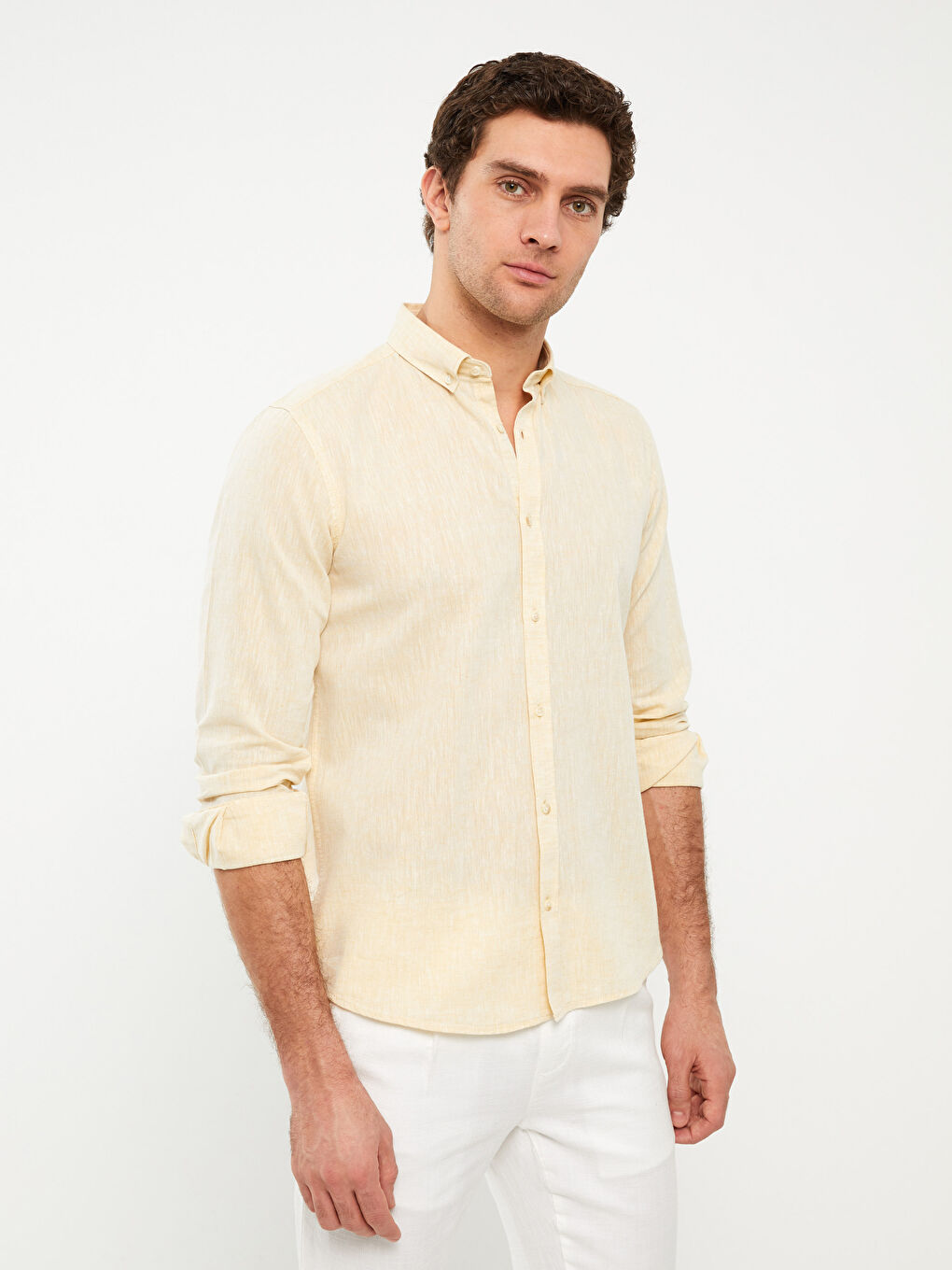 Sarı Slim Fit Uzun Kollu Keten Karışımlı Erkek Gömlek-1