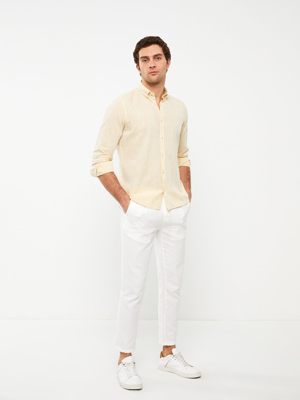 Sarı Slim Fit Uzun Kollu Keten Karışımlı Erkek Gömlek-2