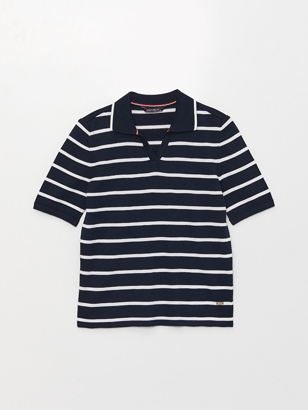 Polo Neck Striped Short Sleeve Women's Tricot Sweater -S38709Z8-LGS