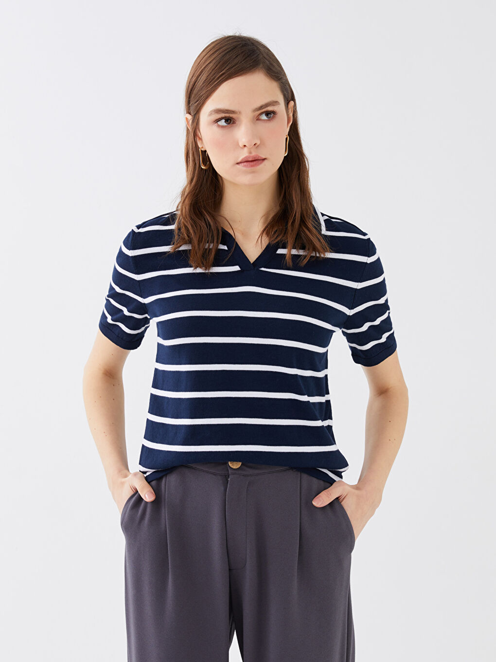 Polo Neck Striped Short Sleeve Women's Tricot Sweater -S38709Z8-LGS