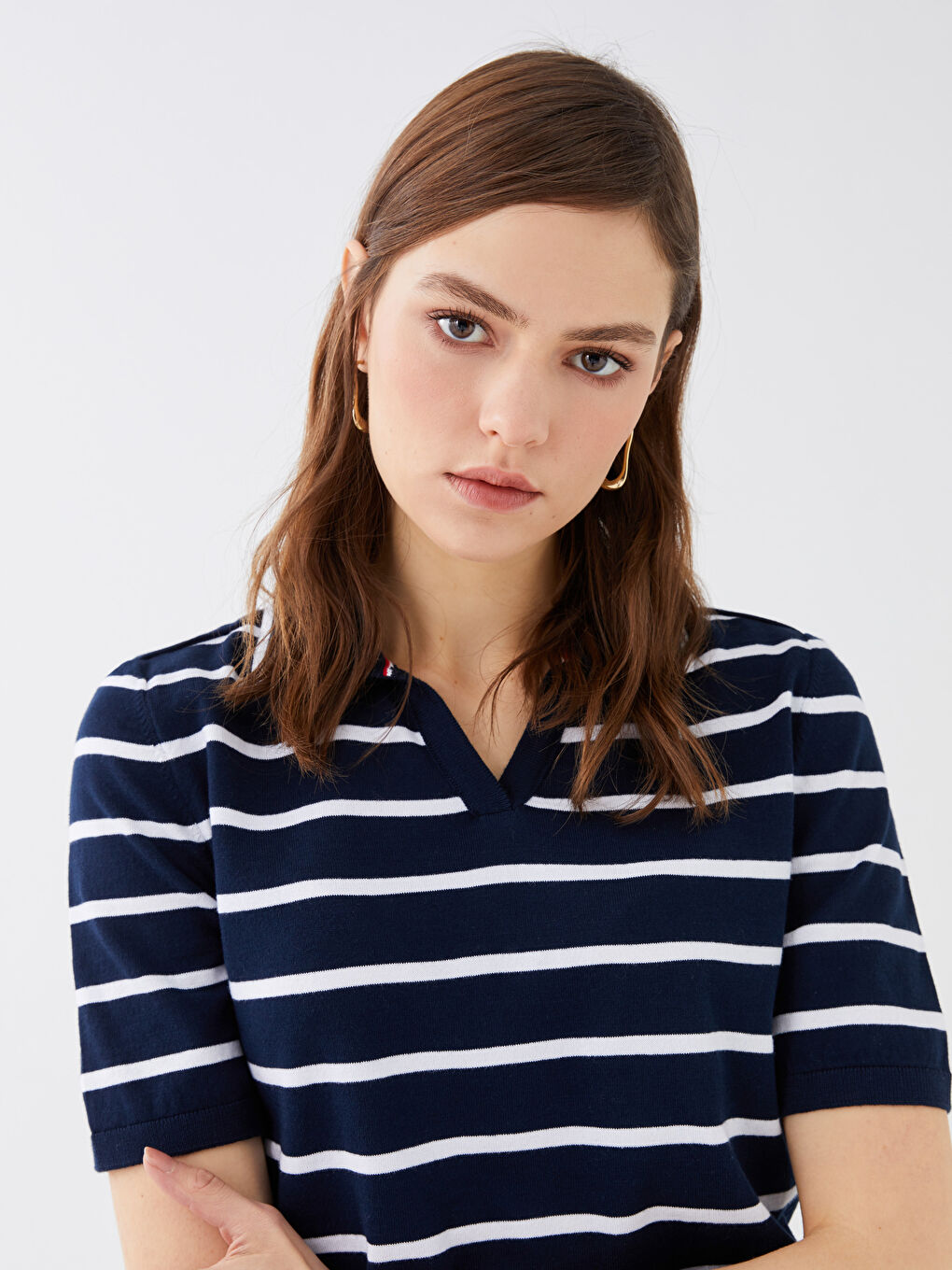 Polo Neck Striped Short Sleeve Women's Tricot Sweater -S38709Z8-LGS
