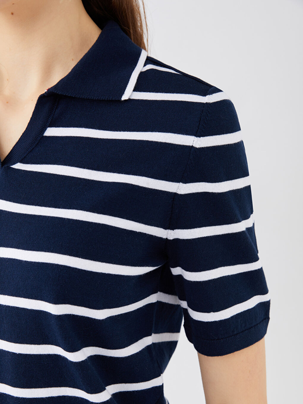 Polo Neck Striped Short Sleeve Women's Tricot Sweater -S38709Z8-LGS