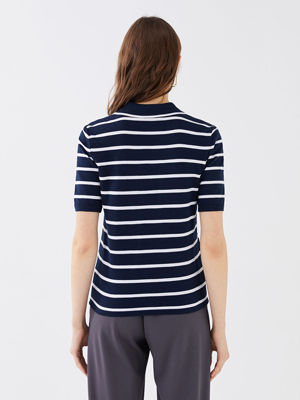 Polo Neck Striped Short Sleeve Women's Tricot Sweater -S38709Z8-LGS