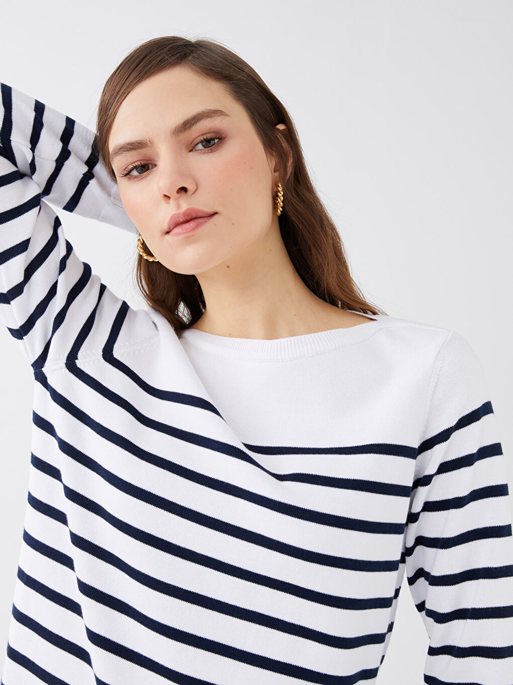 Crew Neck Striped Long Sleeve Women's Knitwear Sweater