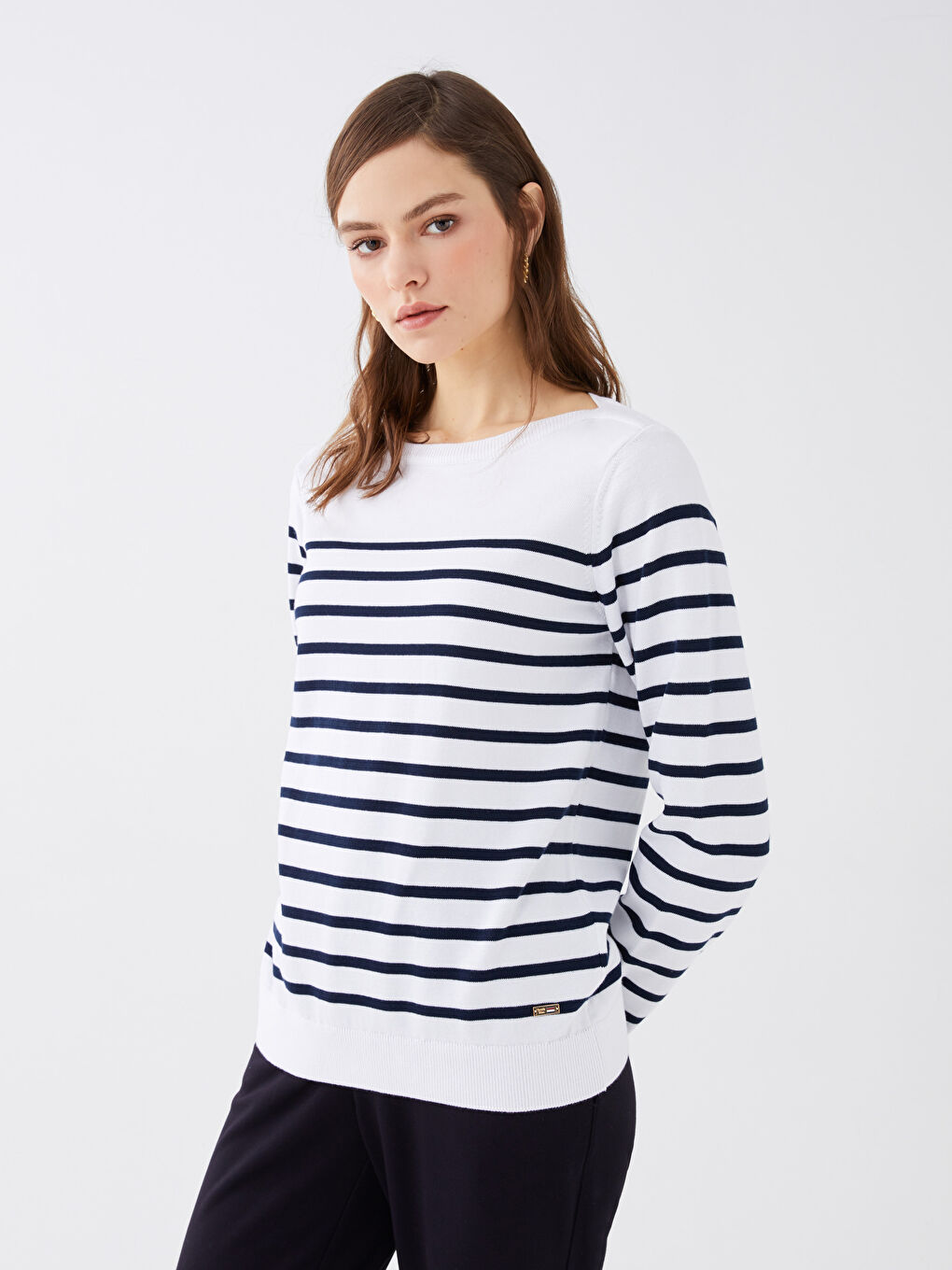 Crew Neck Striped Long Sleeve Women's Knitwear Sweater-1