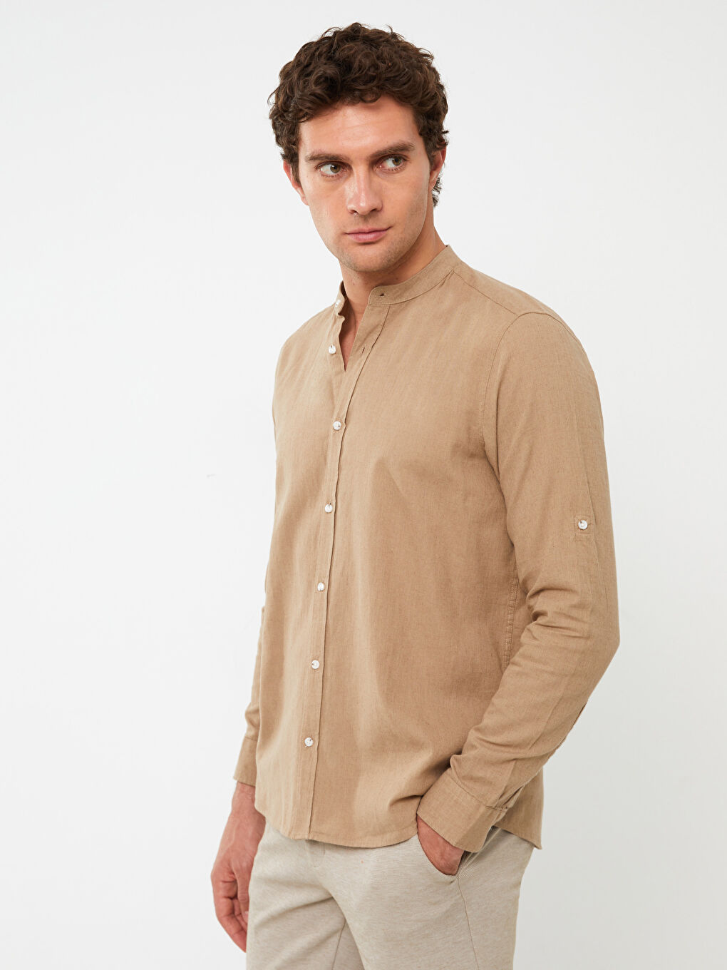 Ерлерге арналған тар пішім ұзын жең зығыр қоспасы жейде-1