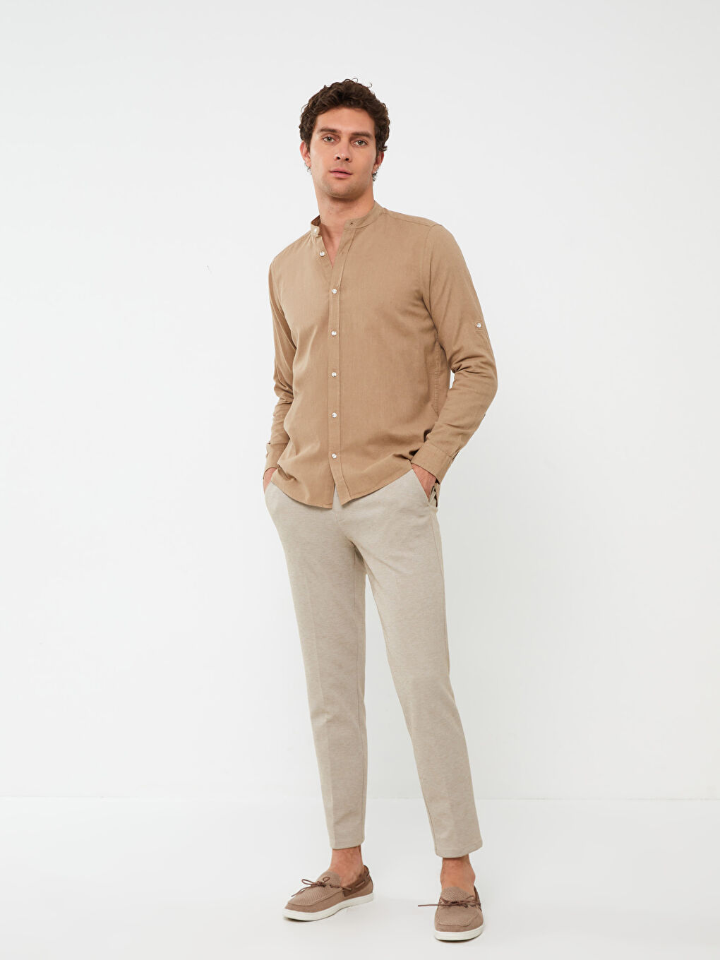 Ерлерге арналған тар пішім ұзын жең зығыр қоспасы жейде-2