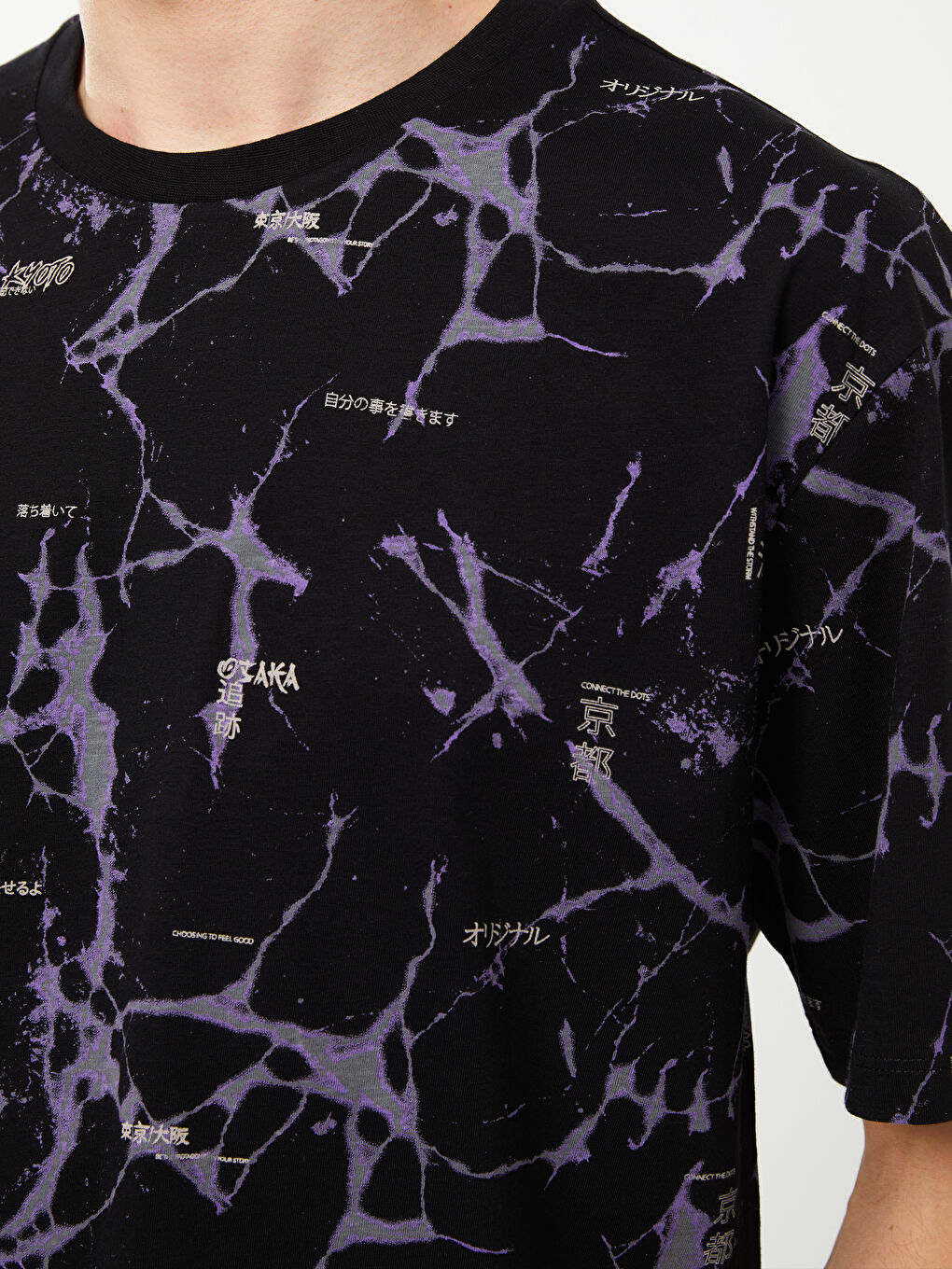 Siyah Bisiklet Yaka Kısa Kollu Desenli Penye Erkek Tişört-3