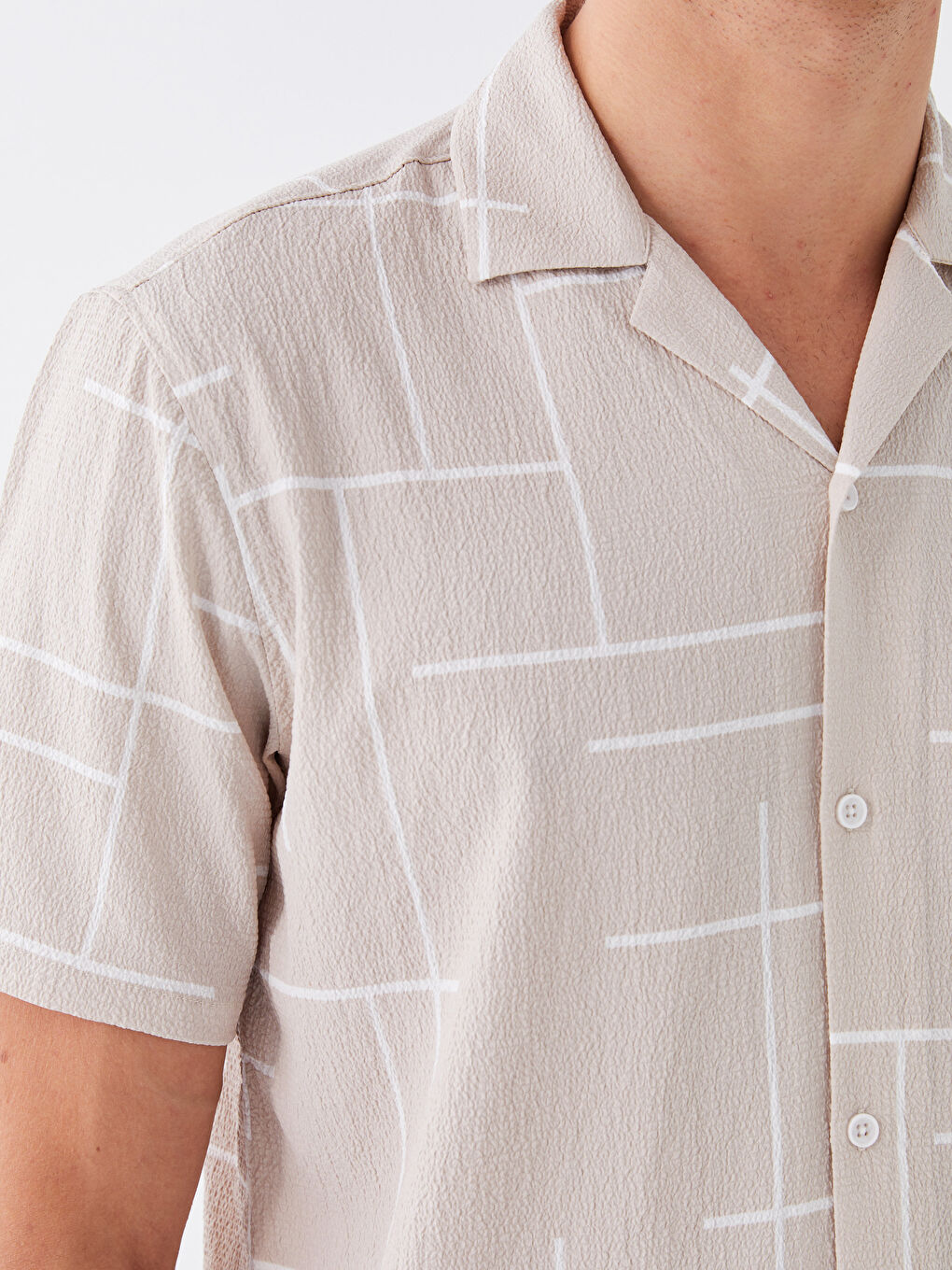 Bej Regular Fit Kısa Kollu Desenli Erkek Gömlek-3
