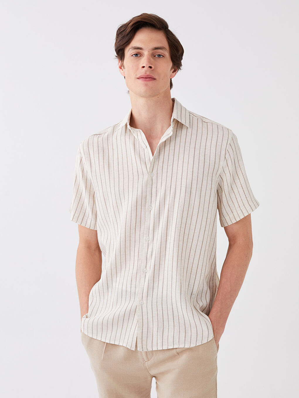 Ekru Regular Fit Kısa Kollu Çizgili Keten Karışımlı Erkek Gömlek-1