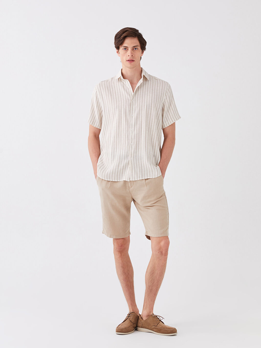 Ekru Regular Fit Kısa Kollu Çizgili Keten Karışımlı Erkek Gömlek-2