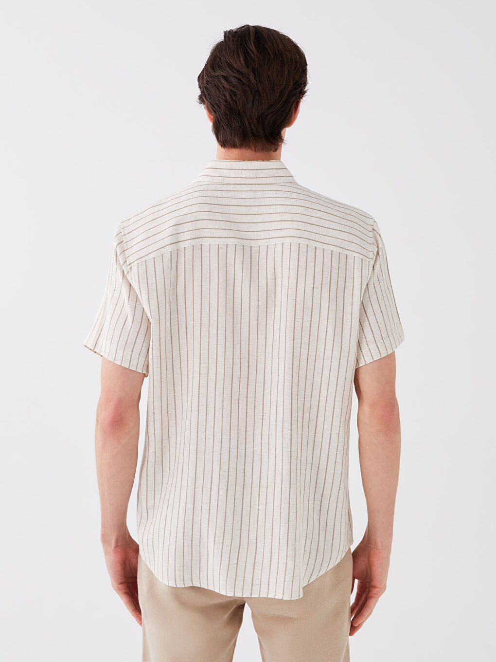 Ekru Regular Fit Kısa Kollu Çizgili Keten Karışımlı Erkek Gömlek-4