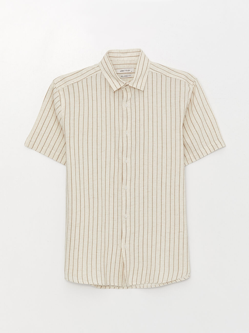 Ekru Regular Fit Kısa Kollu Çizgili Keten Karışımlı Erkek Gömlek-5