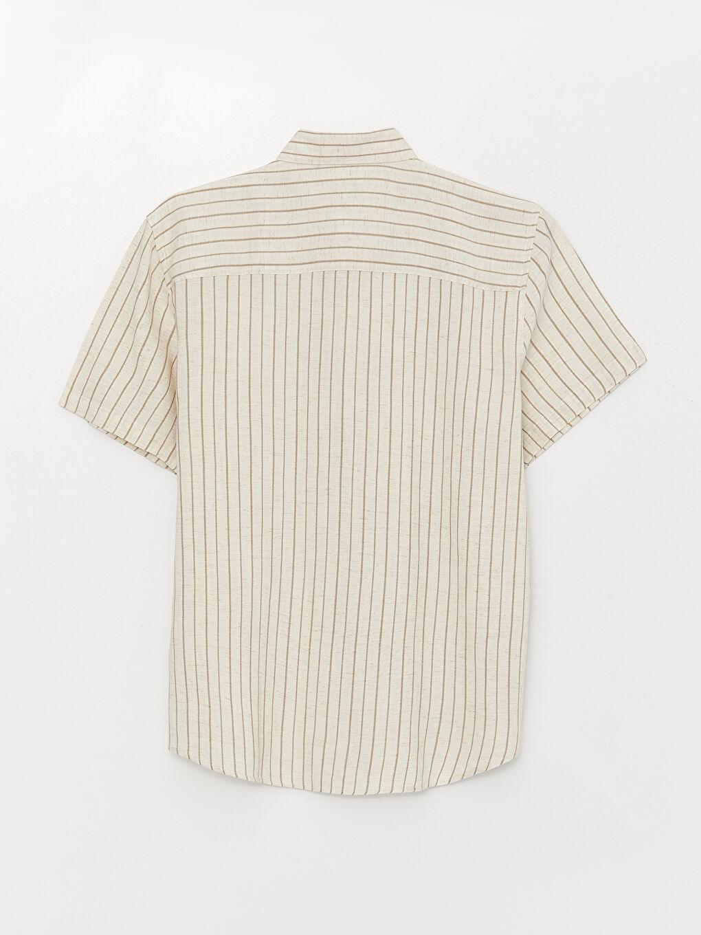 Ekru Regular Fit Kısa Kollu Çizgili Keten Karışımlı Erkek Gömlek-6