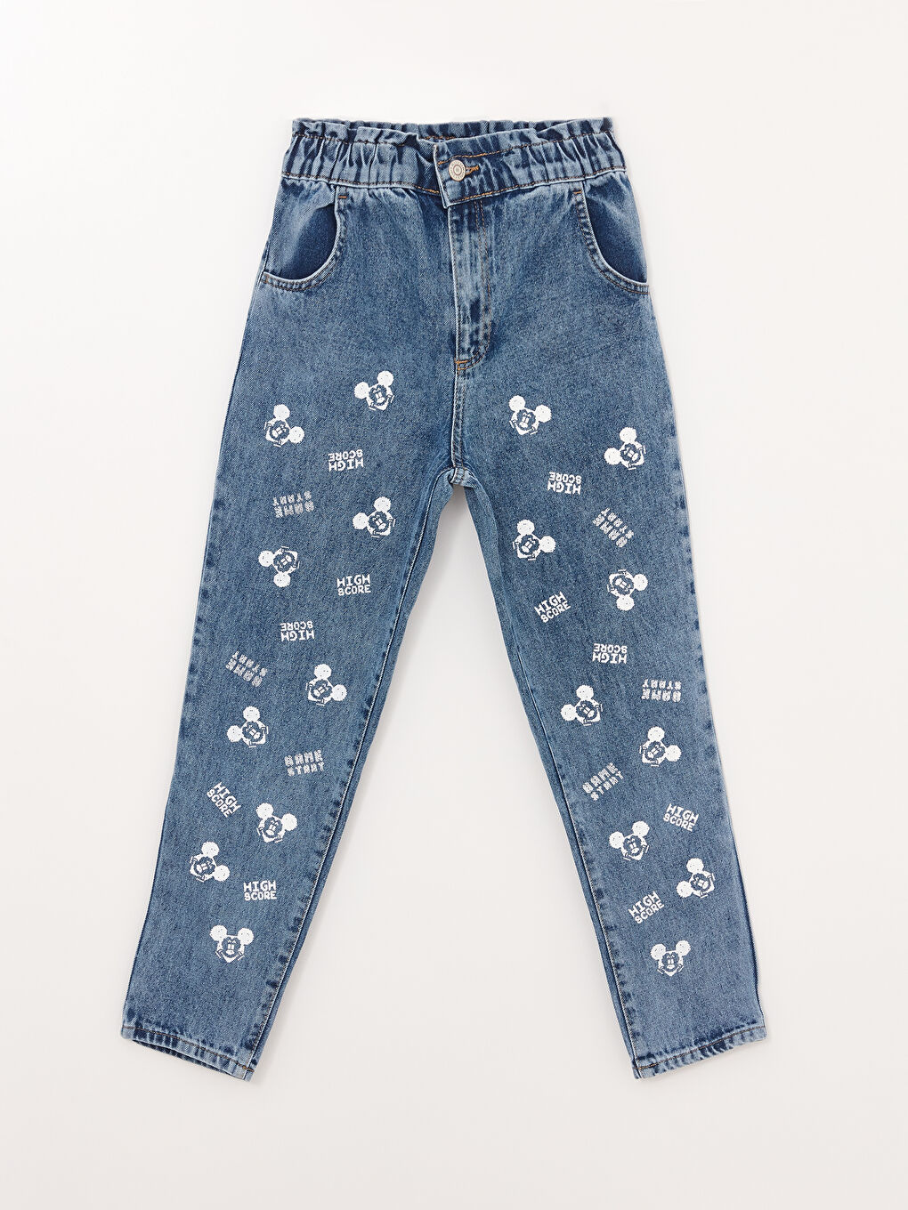 Mavi Beli Lastikli Mickey Mouse Baskılı Kız Çocuk Jean Pantolon