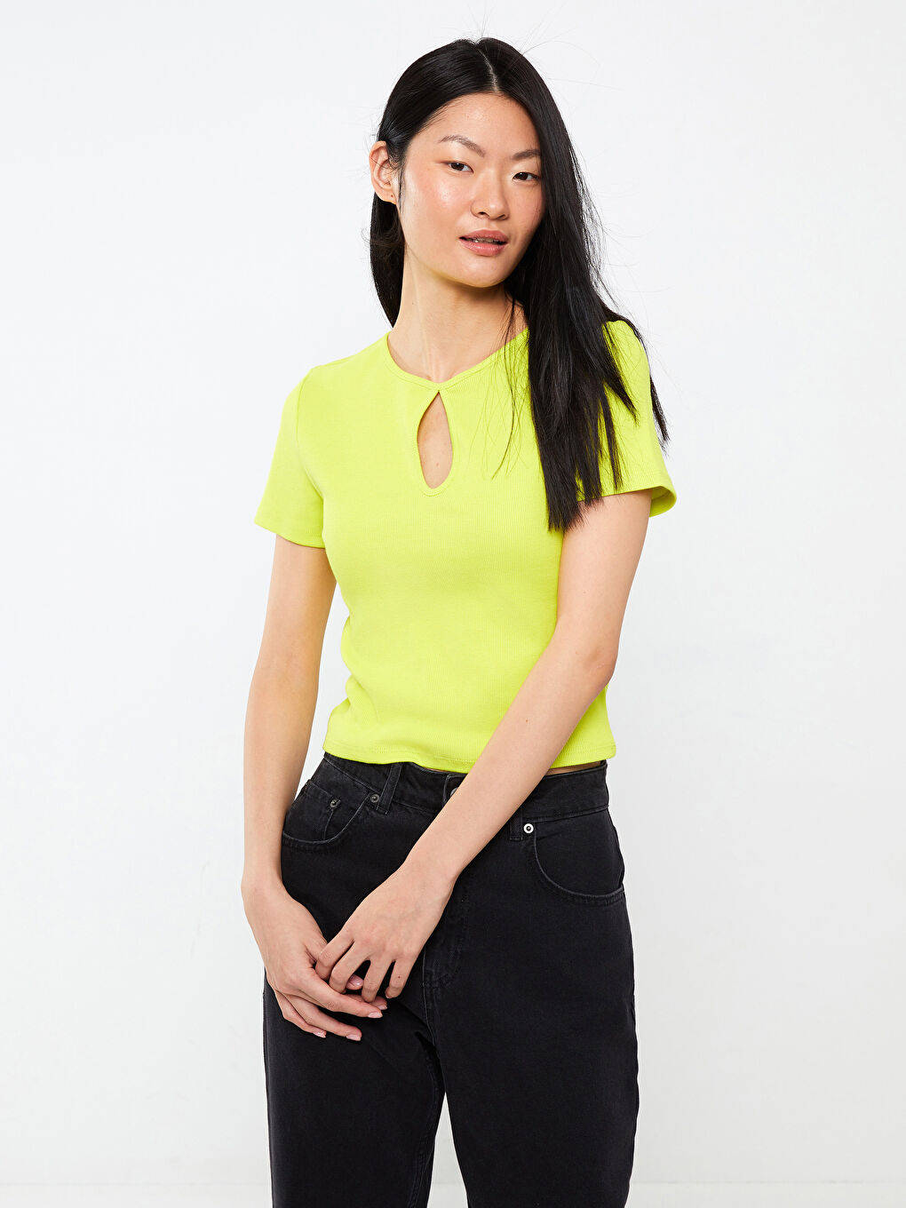 Crew Neck Plain Short Sleeve Women's Crop-1